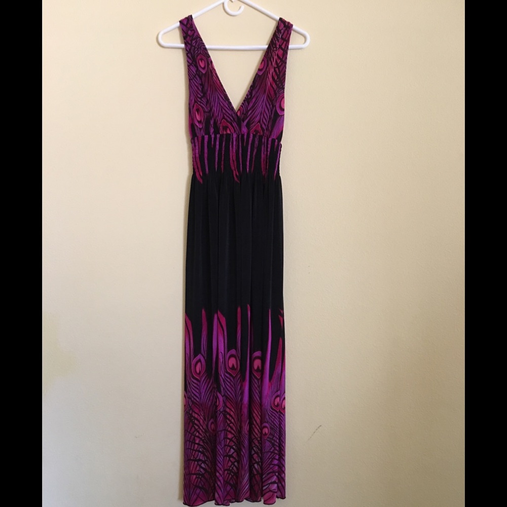 Beautiful purple peacock feather maxi dress